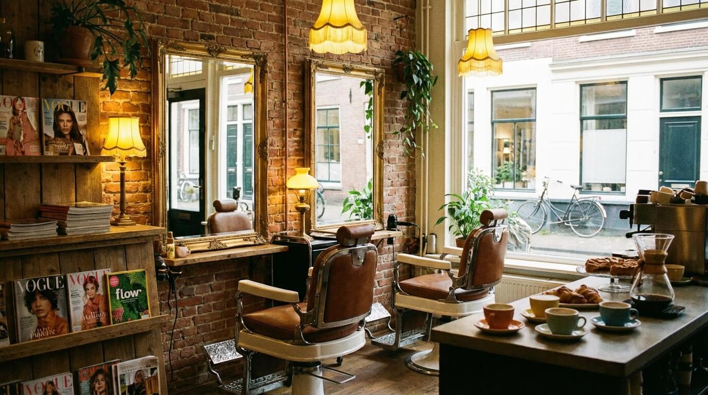 Interieur Kapsalon Voorbeeld met styling stoelen en planten